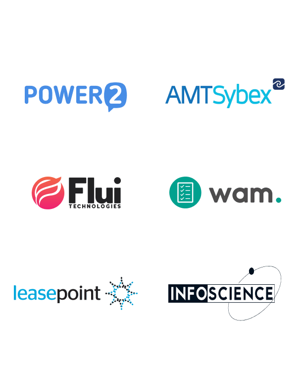 Timeline Logos - Power2, AMTSybex, Flui Technologies, Wam, Leasepoint and InfoScience 